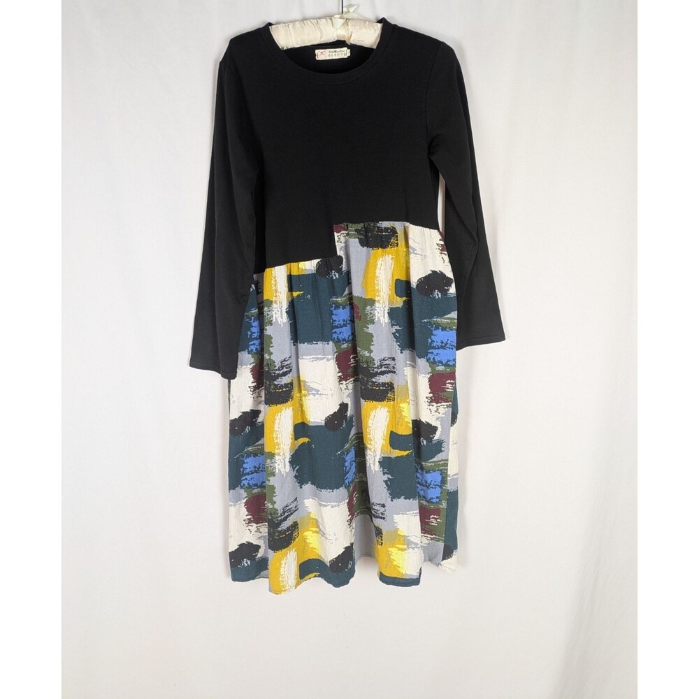 Xiaomanyun Black Knit Mixed Media Abstract Paint Brushstroke A Line Dress Size L